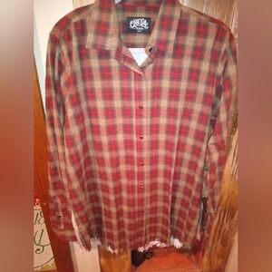 ONE24 rags Women's Red and Brown Plaid Button Down Shirt